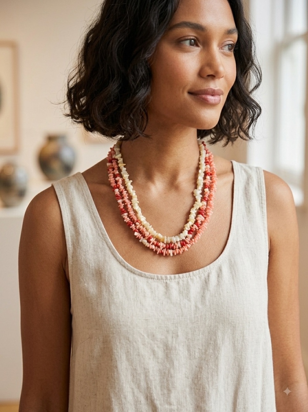 Vintage Natural Coral & Shell Chip Multi Strand Necklace Pink Red Cream Layered